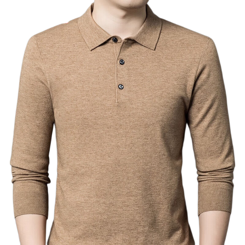 Hengyuanxiang Men's Polo Shirt with Wool, Spring and Autumn Thin Knit Base Sweater, Middle-aged, Camel Color, 4XL