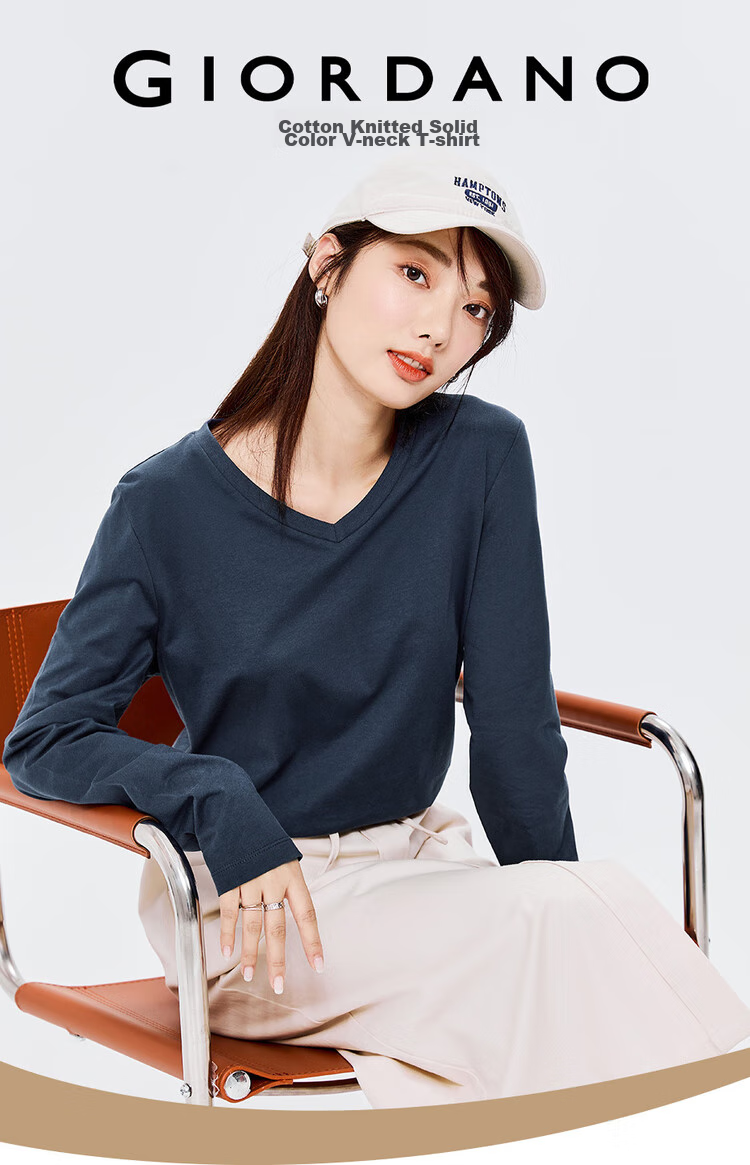 Giordano Women's Basic Comfortable Undershirt, Pure Cotton Solid Color V-Neck Long Sleeve T-Shirt for Women 13322759 3