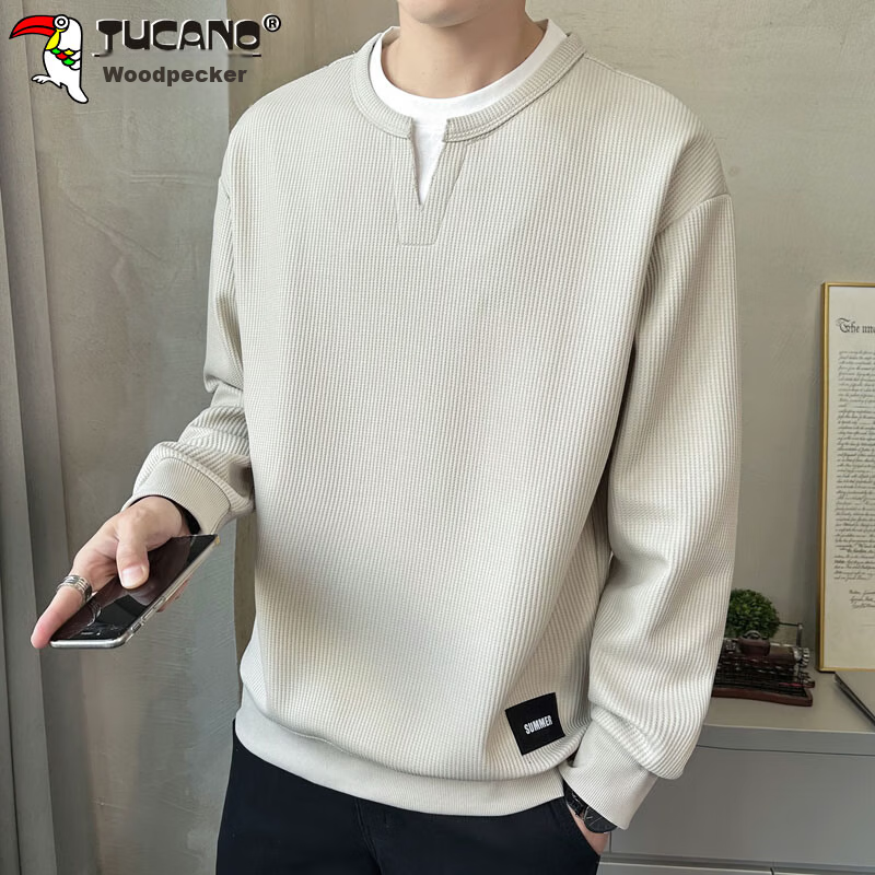 TUCANO Men's Sweatshirt Spring Autumn Loose Fit Crew Neck Fake Two-Piece Long Sleeve T-Shirt Base Shirt Jacket Apricot 3XL