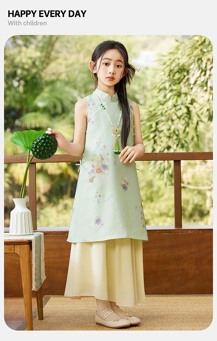 ASK JUNIOR Chinese Style New Summer Girls' Vest Dress and Ma Mian Skirt Two-Piece Set 11