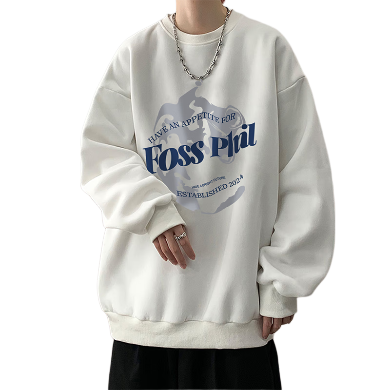 Foss Phil Men's Sweatshirt Spring Autumn Trendy Brand Crew Neck Printed Oversize Casual Long Sleeve Base Shirt FPW1 White L