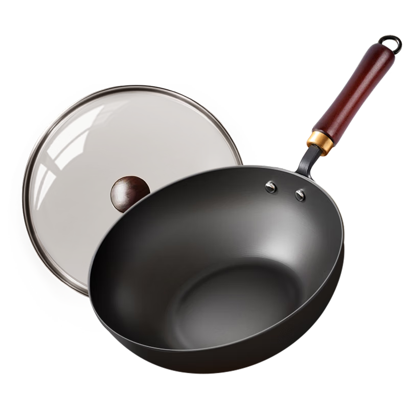 CHIGO Authentic Zhangqiu Stir-Fry Pan Non-Coated Cast Iron Flat Bottom Wok Household Traditional Forged Seasoned with Lid 30cm