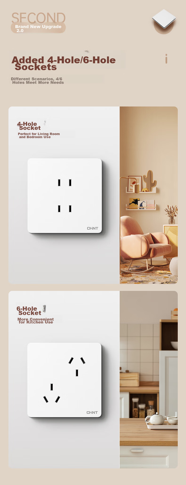 CHNT Switch Socket 10A Angled Five-Hole Socket 86 Type Concealed Panel 6C Cream White 10