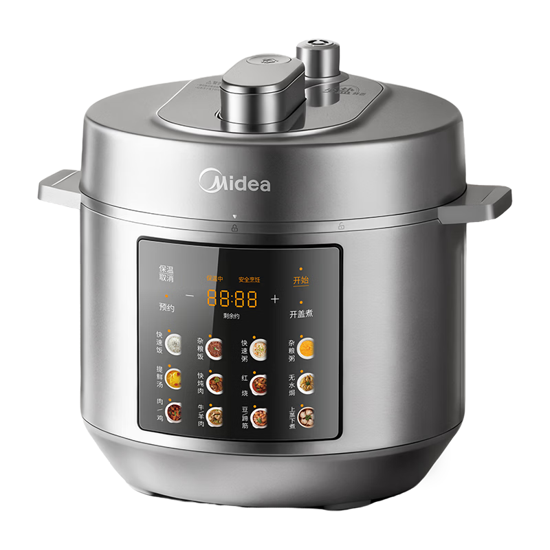 Midea 0-Coating Stainless Steel Thick Pot Electric Pressure Cooker 6L Multi-Function Steaming and Cooking High-Pressure Rice Cooker for 6-8 People Smart Reservation Open-Lid Hot Pot Rice Cooker MY-E60