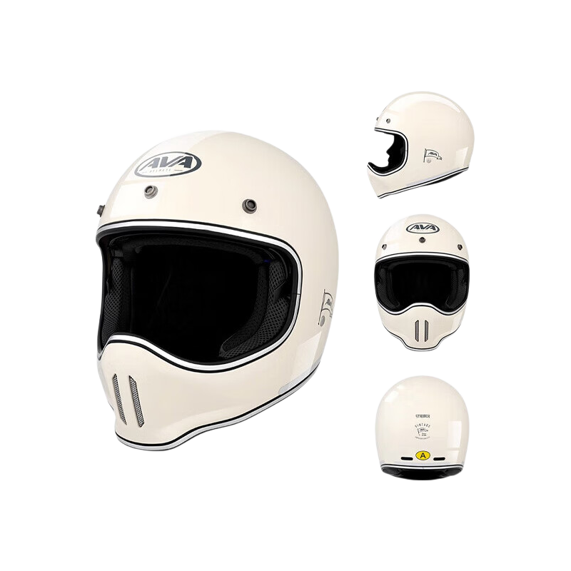 AVA Ranger Motorcycle Retro Full Face Helmet Cruiser Small Shell Off-Road Helmet Unisex Ivory White + Gift Pack L