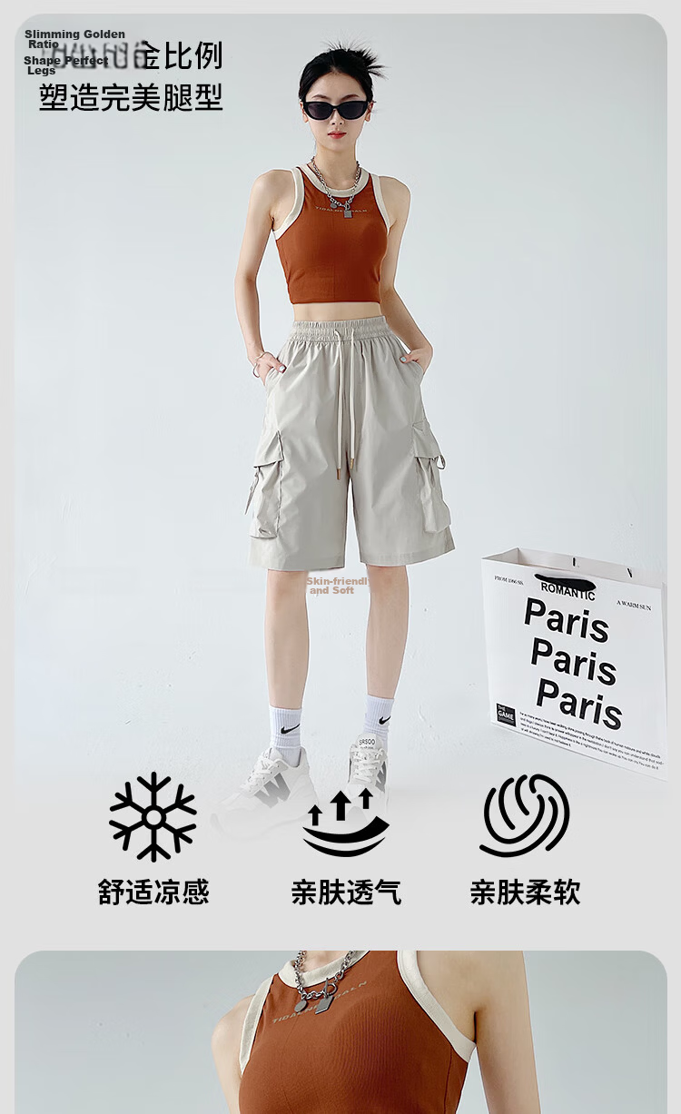 Xueqiman Large Pocket Workwear Shorts Women Summer 2026 New American Style Quick-Dry Ice Silk Cool Straight Sports Knee-Length Pants 1