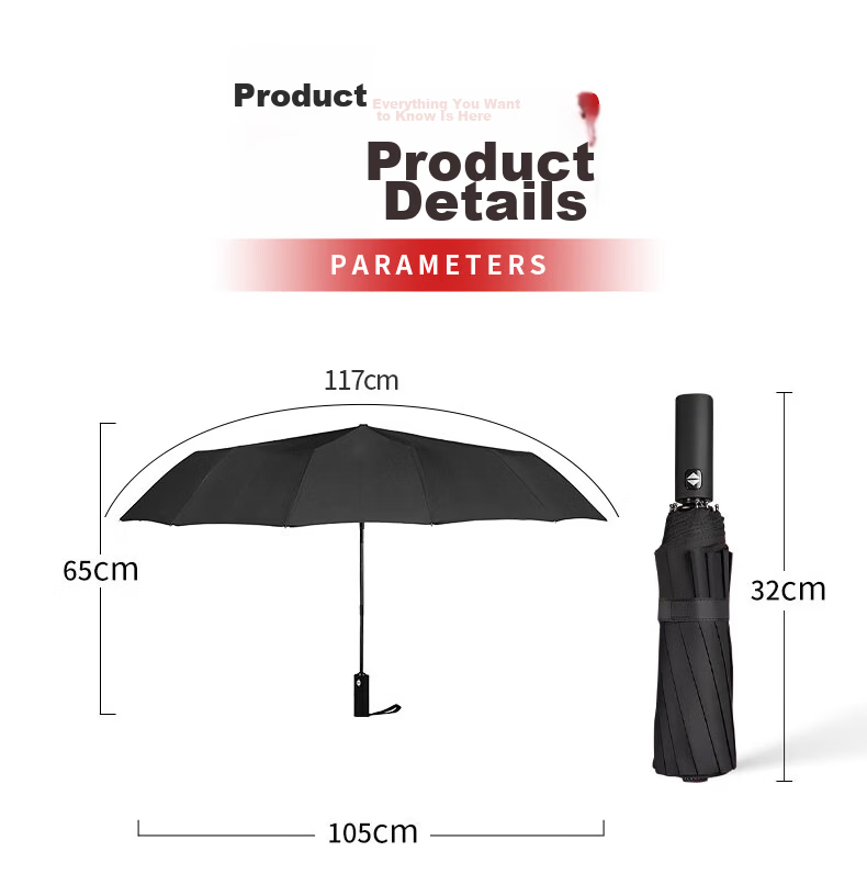 Meebordi Fully Automatic Umbrella, Three-Fold Sun Umbrella, Black Rubber Umbrella for Men And Women, Portable Car-Friendly Folding Umbrella, Black, Customizable 16