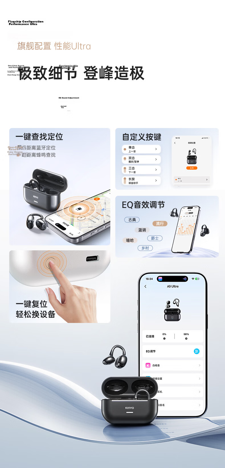 Jinyun 2026 Latest A9 Ultra Dynamic Ring Bluetooth Clip-on Bone Conduction Wireless Open-Ear Running Sports Sweatproof Call Long Battery Life AI Translation Gift 30