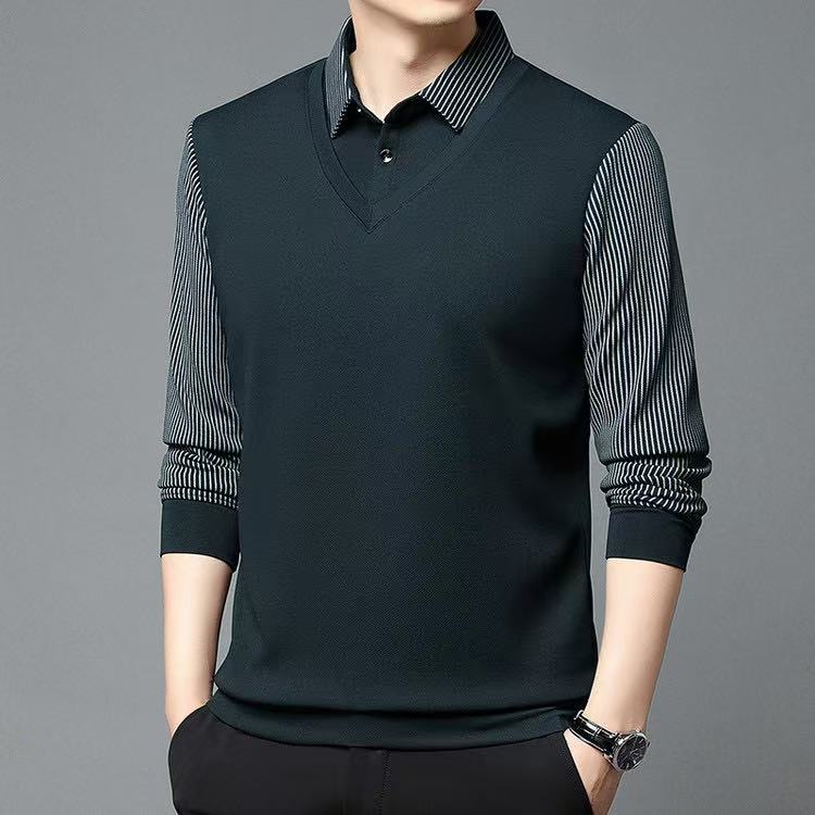 RED DRAGONFLY Men's Knitted Sweater Solid Color Simple Versatile Fashion Comfortable Skin-friendly Warm Pullover Fake Two-piece Shirt Ha Qing XL 17