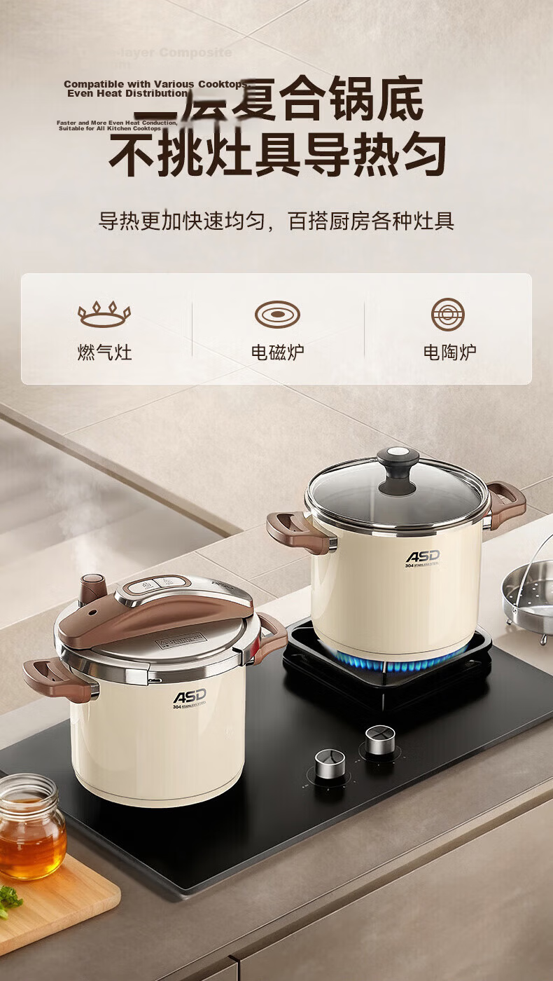 ASD Pressure Cooker 6L Single-Handed Opening 100KPa High Pressure Red YS22B5WJ1R Compatible with Induction Cooker 18