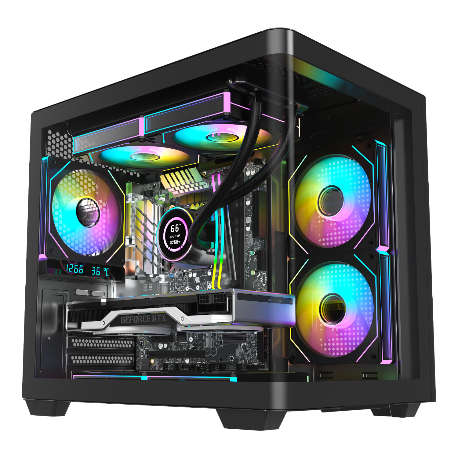 AOC CG350B Black MATX Desktop Computer Seaview Case Integrated Curved Tempered Glass / 7 Fan Slots / 240mm Water Cooling / Dual-Chamber Design / Quick-Release Design