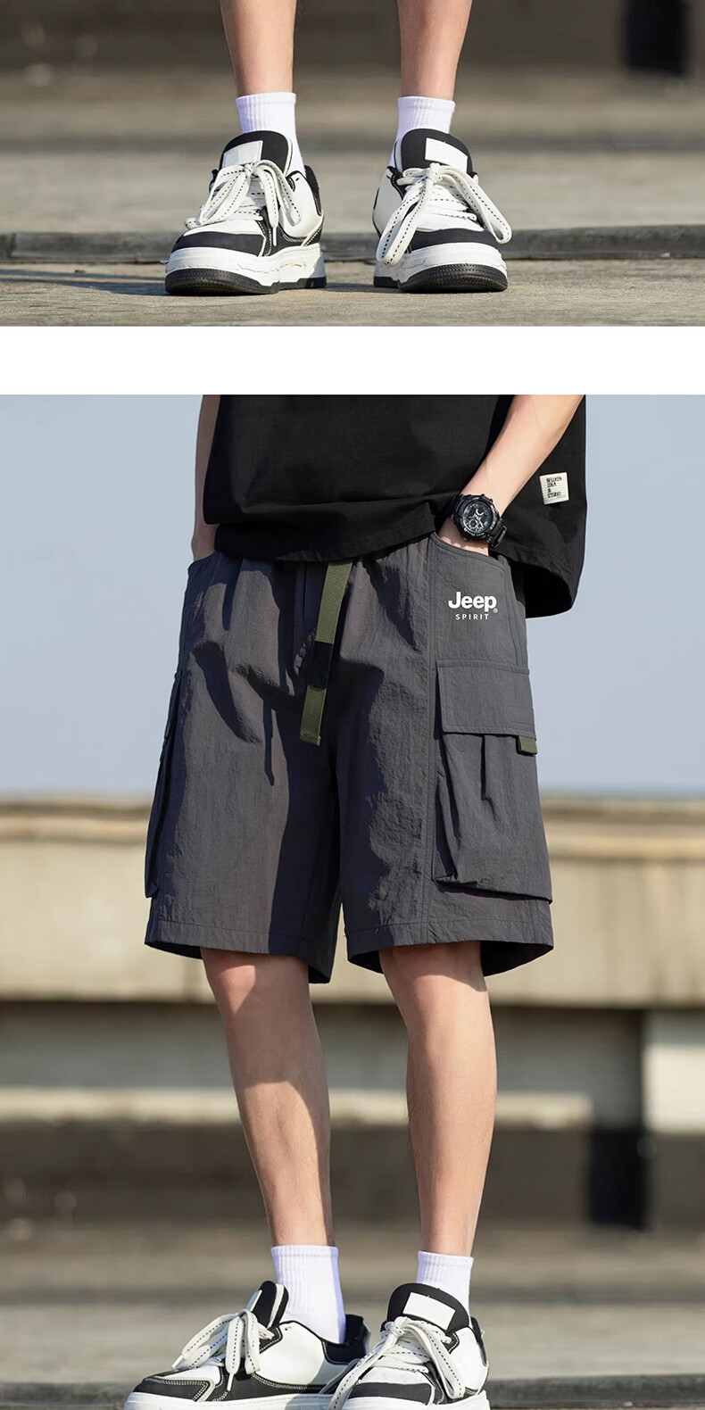 JEEP SPIRIT Men's Shorts 2026 Summer Casual Cargo Loose Fit Knee-Length Pants Black XL 18