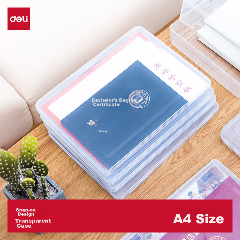 Deli A4 Transparent Portable Clip File Box Document Bag Party Building Archive Box Honor Certificate Organizer Desktop Storage Box 20mm Thickness 5701