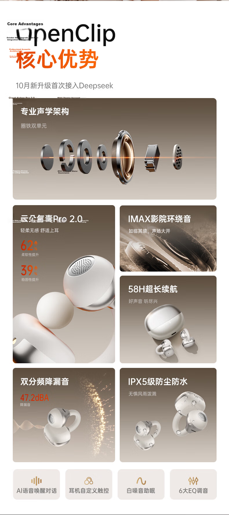 MICROKIA 2026 Latest Model Harman Kardon Level AI Bone Conduction Bluetooth Ear Clip Open Wireless Sports Running Noise Cancelling Ear-Hanging Long Battery Life for Women 6