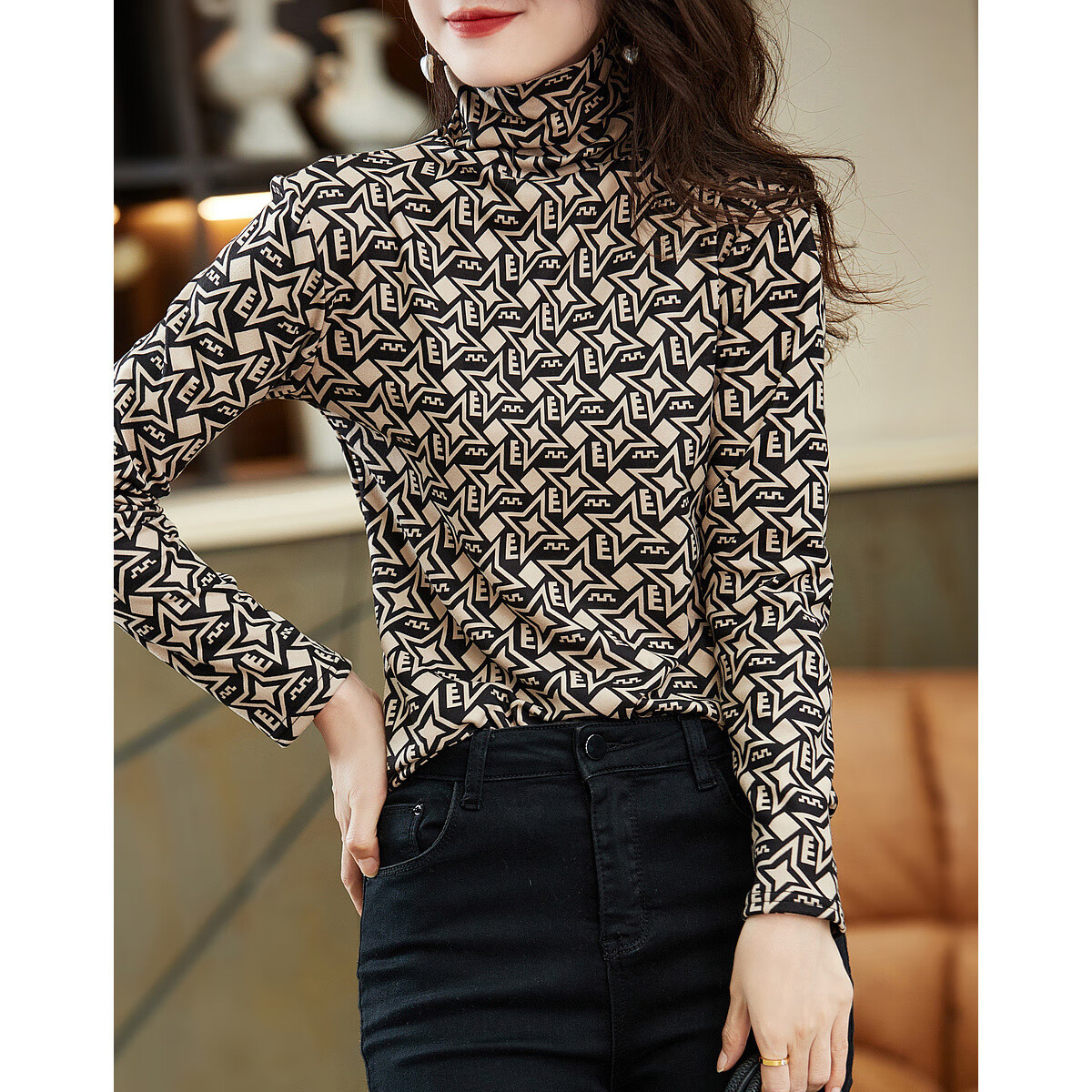 Demana Women's Semi-Turtleneck Long Sleeve High Elastic Thick Base Shirt Top Coffee Color L
