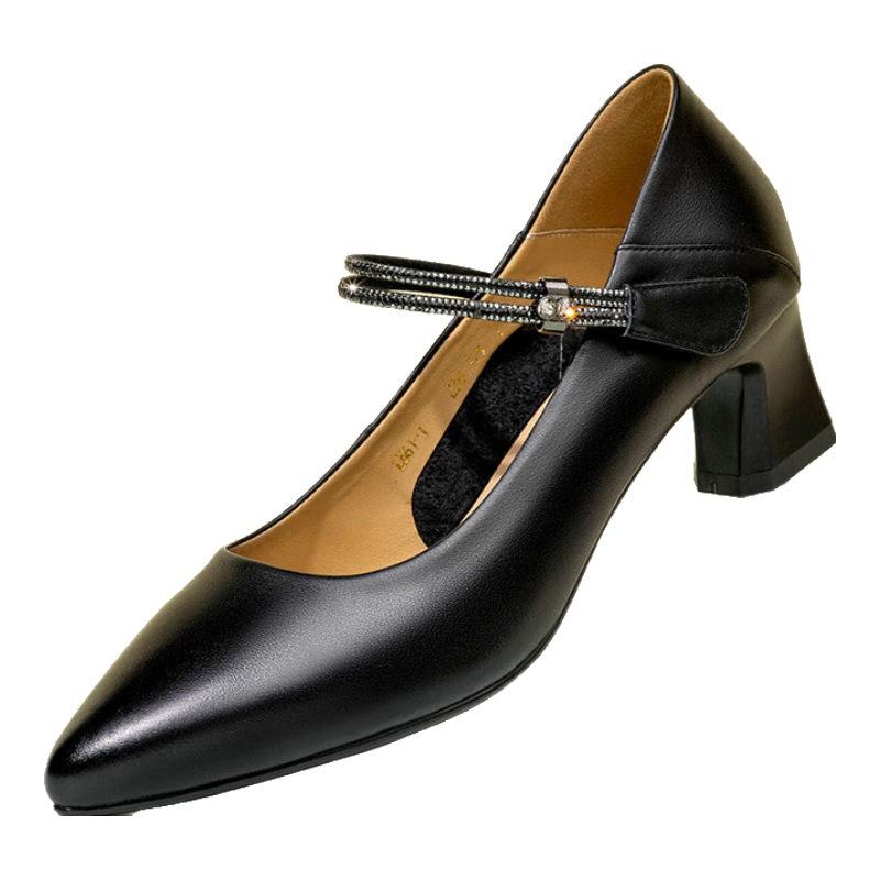 LAORENTOU High Heels for Women, Top-Grain Leather, Chunky Heel, Single-Strap Buckle, Work Shoes, French-Style Women's Shoes, LB61, Black, Size 39