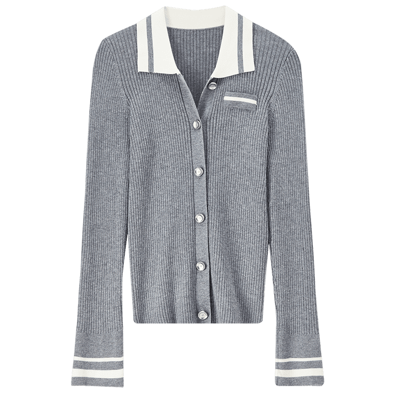 Sentubila Wool-Blend College Style Knit Sweater Women Autumn Colorblock Striped Polo Collar Hollow Out Split Slim Top