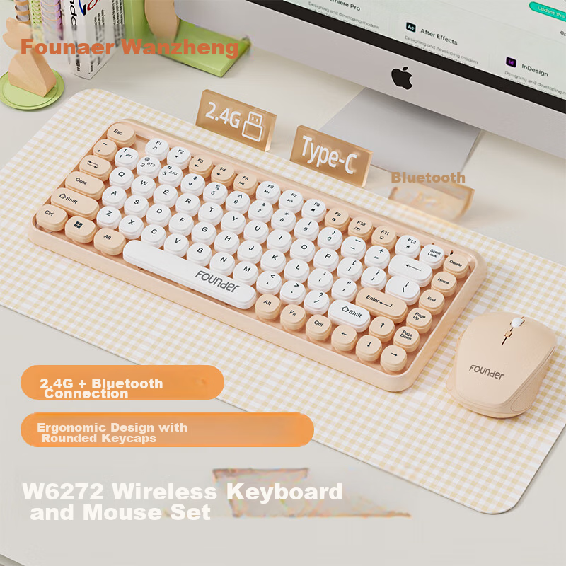 Founder W6272 Dual-Mode Silent Rechargeable Wireless Keyboard and Mouse Set Cute Mini Portable Wireless Combo for Laptop and Desktop Office Home Milk Tea Color