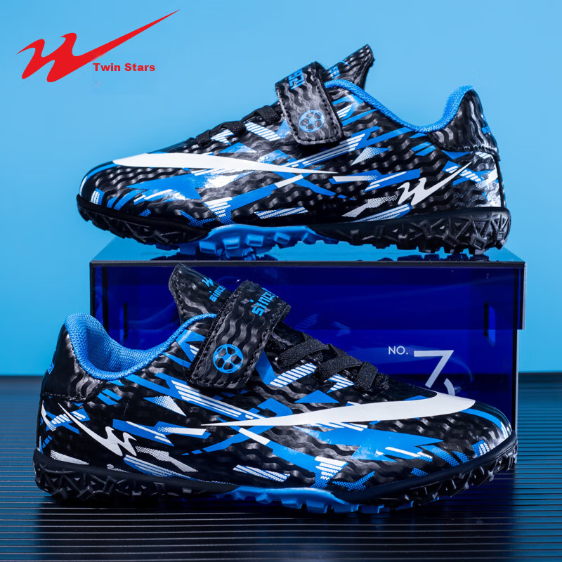 Shuangxing Kids Soccer Shoes 6-12 Years Magic Tape TF Turf Studs Non-slip Wear-resistant Training Match Student Sneakers Black Blue Size 31