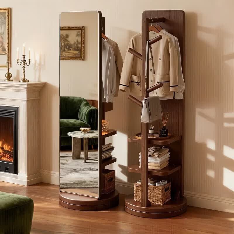 Millennium Huafu Solid Wood Full-Length Mirror Floor Mirror Bedroom Rotating Dressing Mirror with Integrated Clothes Rack 75cm Hu Spin