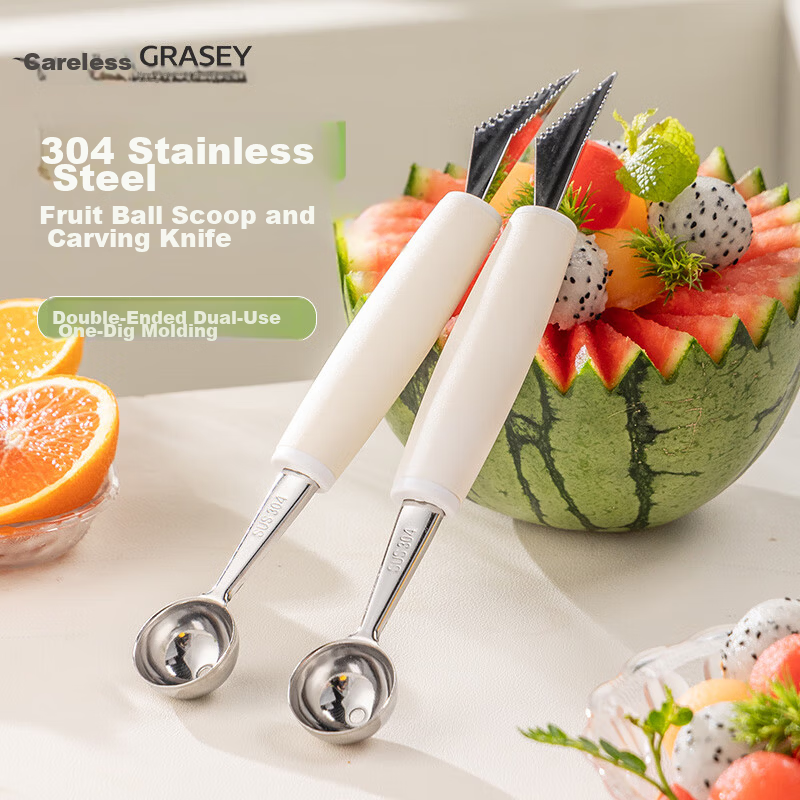 Guangyi 304 Stainless Steel Dual-Use Fruit Ball Scoop and Carving Knife Ice Cream Spoon Watermelon Scoop Platter Tool GY7619