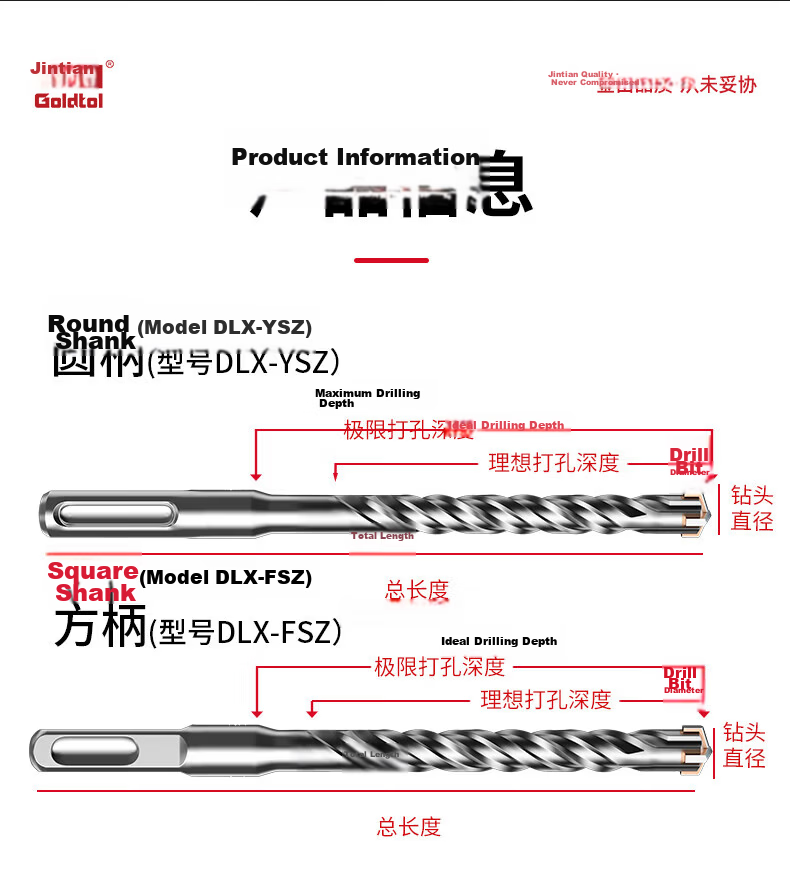 Jintian Two-Groove Two-Slot Electric Hammer Drill Bit High Hardness Concrete Rebar Drilling 6*160mm Cross Four-Blade Round Shank 10