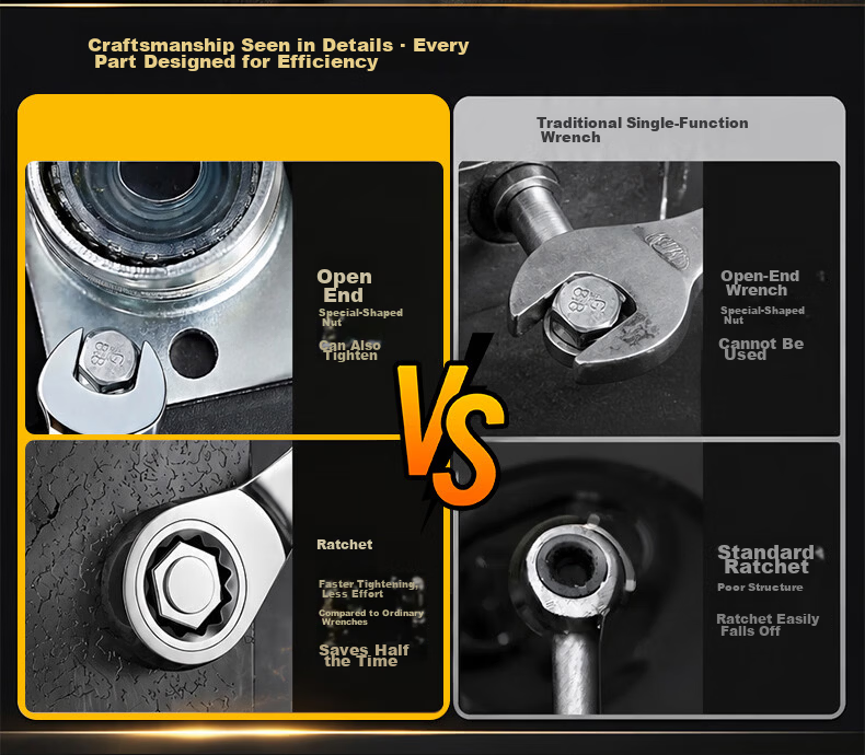 Kuanteng Industrial Grade X-Handle Ratchet Quick Wrench Dual-Use Extended Open-End Ratchet Wrench Bi-Directional Spline Ratchet Wrench 8