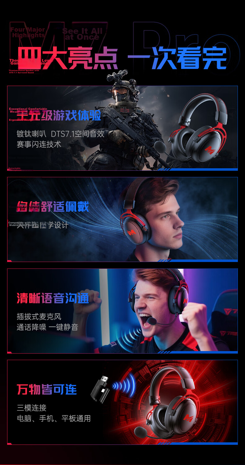 MICROKIA Delta Champion Recommended | Professional Gaming Headset Bluetooth Wireless 2.4G Four-Mode FPS Sound Positioning for PUBG CSGO Laptop 14