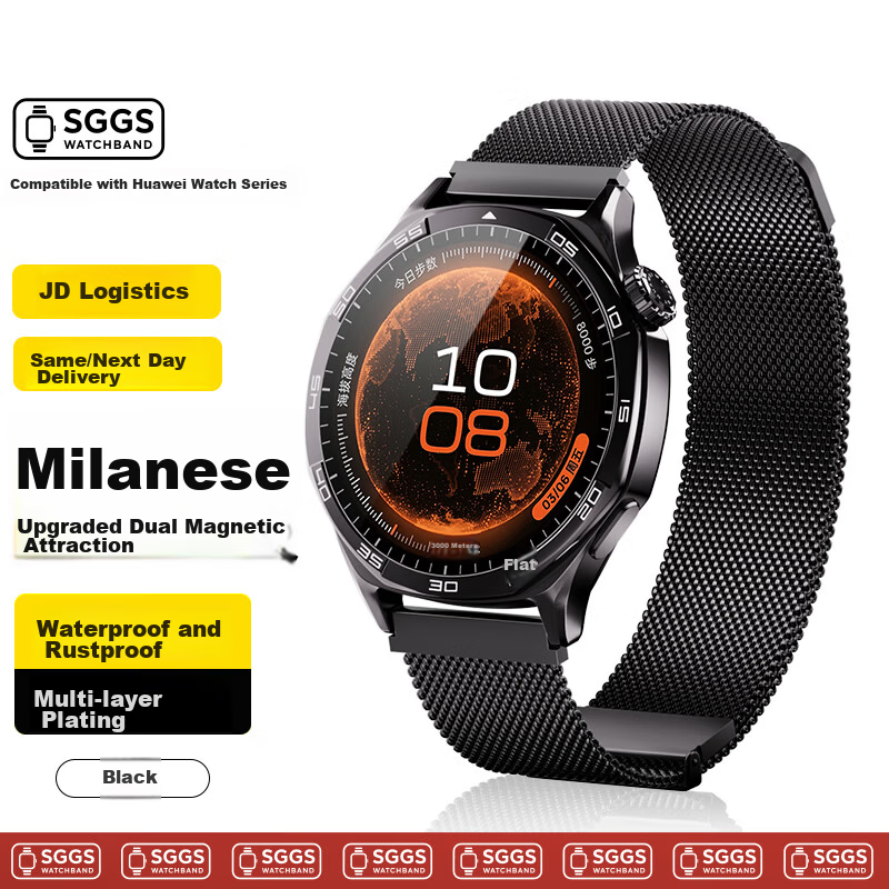 SGGS Upgraded Dual Magnetic Milanese Loop Strap for Huawei Watch GT6/6 Pro/GT5/5 Pro/GT4/Watch5 Black 46/48mm