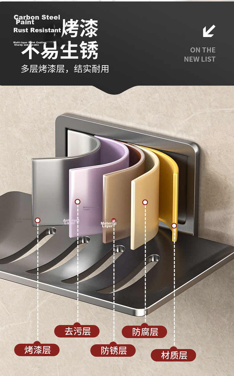 Baihan Bathroom Soap Dish, Wall-Mounted Storage Box, Suction Cup Soap Holder, Wall-Mounted Organizer, No Drilling Required, Drainage 6