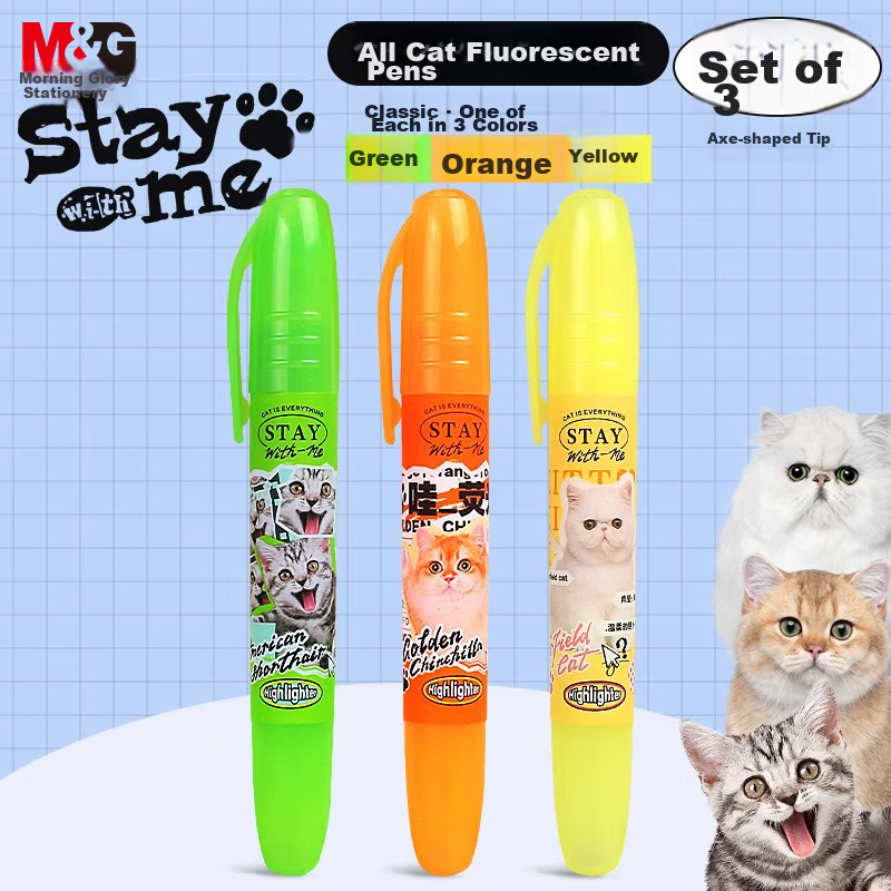 MASMARCU Morning Light All Cat 3-Color Single-Head Highlighter Pen Office Student Universal Key Marker Pen Hand-drawn Journal Note Pen Classic 3pcs/Box AHM21034