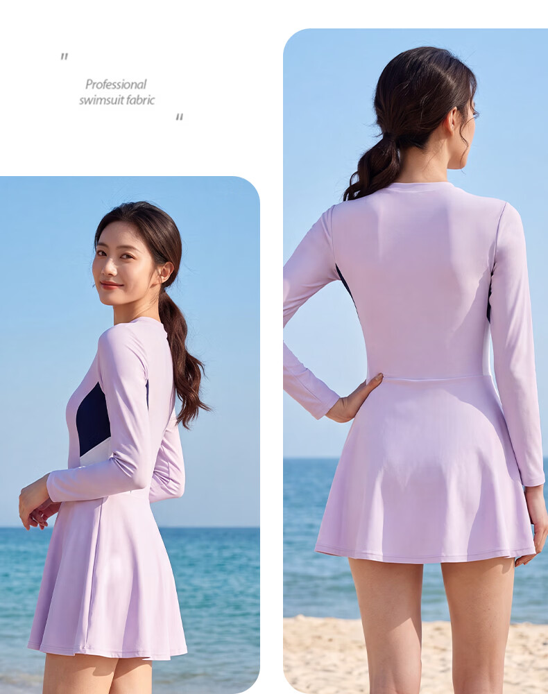 ANTA Women's Long Sleeve One-Piece Skirted Conservative Quick-Dry Sun Protection Slimming Swimwear Gray M 15