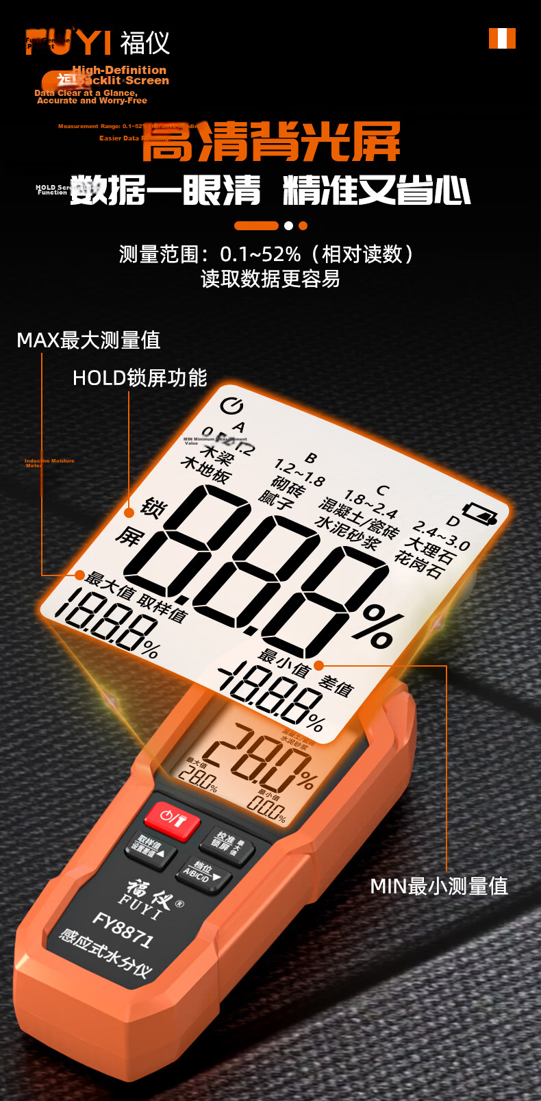 FUYI High-Precision Wood and Building Material Moisture Meter Spherical Non-Destructive Measurement House Wall and Floor Water Leakage Detector 14
