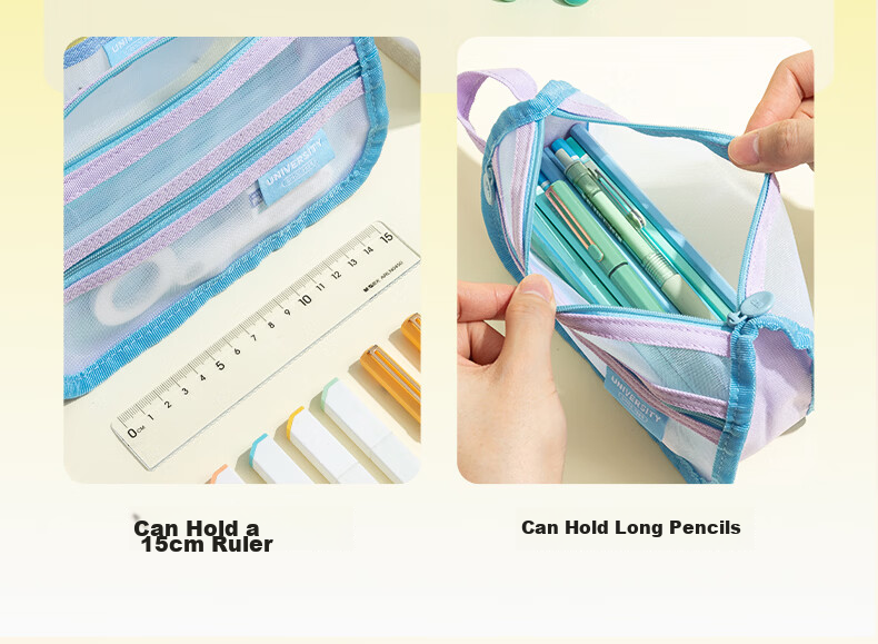 M&G Mesh Splicing Triangle Kangaroo Pencil Case Tote Bag Large Capacity Stationery Box for Primary and Secondary School Boys and Girls Yellow Blue 6