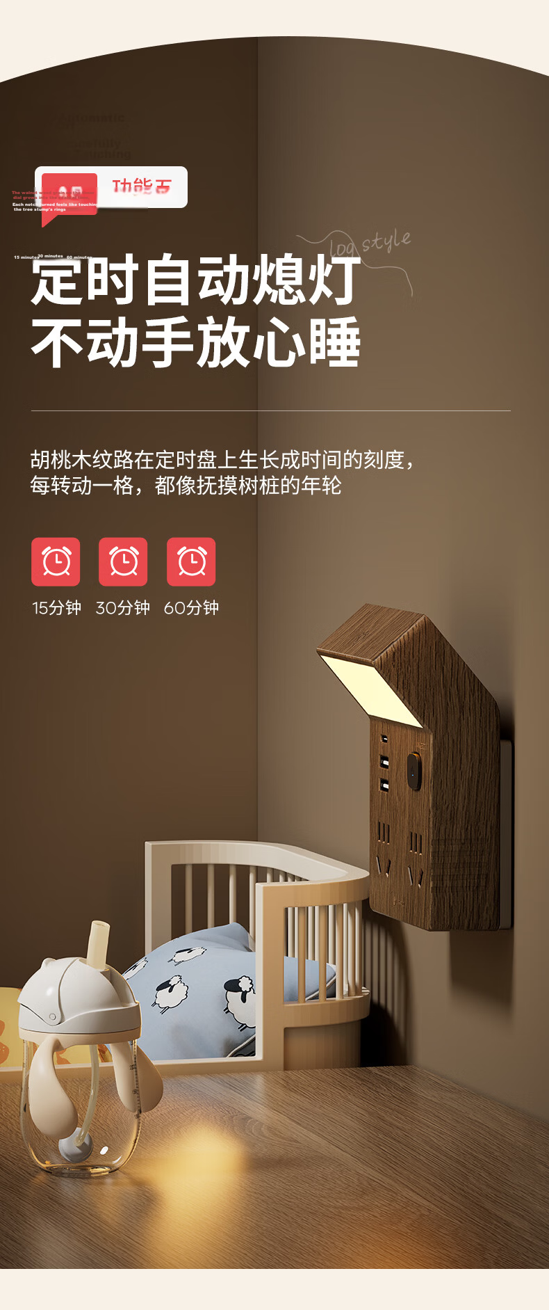 International Electrical Plug Adapter Extension Socket with USB Fast Charging Power Strip Sensor Night Light Bedside Power Board Plug Socket Expander 1 to 4 + Dual USB Walnut Wood 8