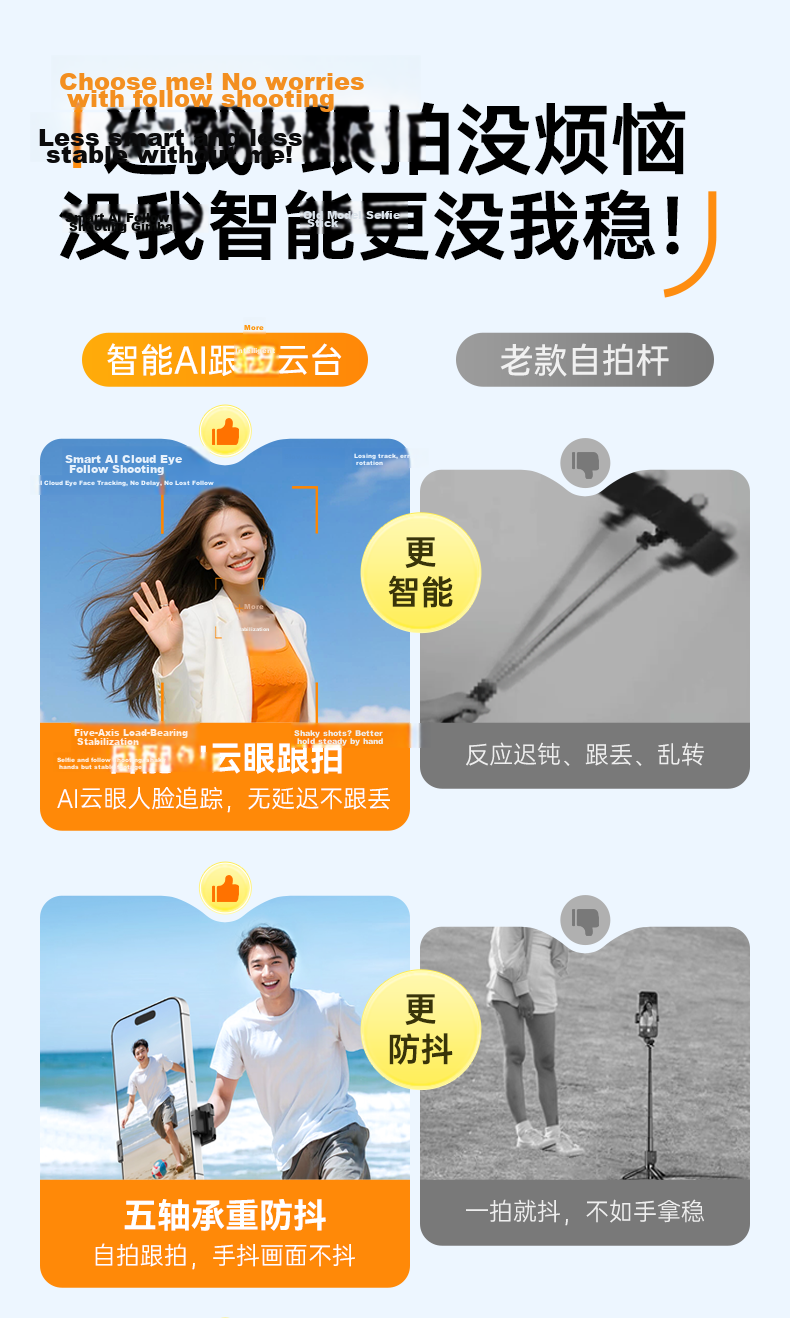 Zhiguozhe [Hot Sale 300K+] 360° Rotating Anti-Shake Selfie Stick with Automatic AI Tracking Gimbal Phone Stand Floor-Standing Live Streaming Smart Face Tracking Stabilizer All-in-One 4