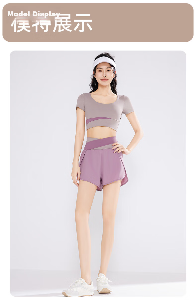 VICTORIATOURIST Women's Yoga Workout Set, Summer Sun Protection Fitness Outfit, Pilates Short-Sleeve Top And Shorts with Chest Pads, Two-Piece Set 15