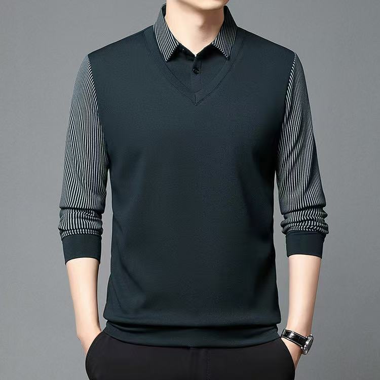 RED DRAGONFLY Men's Knitted Sweater Solid Color Simple Versatile Fashion Comfortable Skin-friendly Warm Pullover Fake Two-piece Shirt Ha Qing XL 16