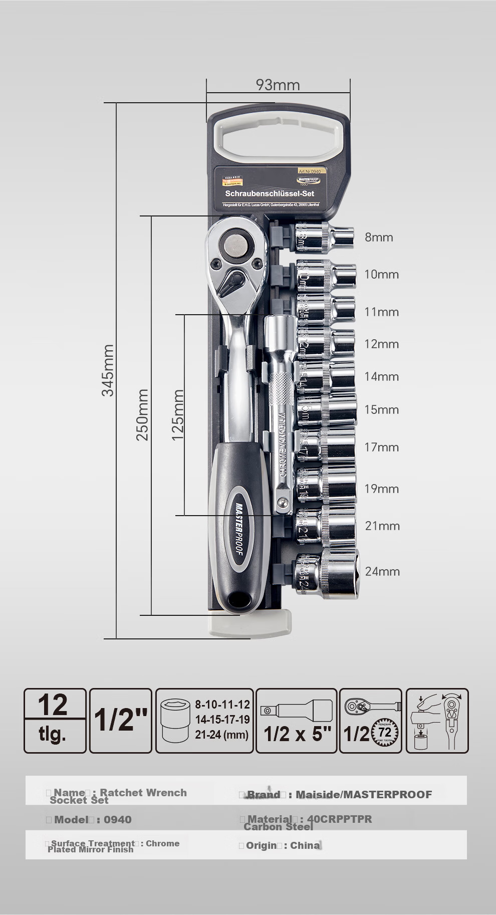 MASTERPROOF Industrial Grade 1/2" Large Ratchet Socket Wrench Quick Wrench Auto Repair Tool Set 12-Piece Single Row Plastic Rack 6