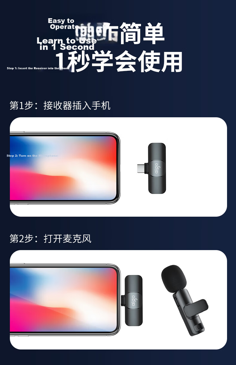 Aigo S28 Wireless Lavalier Microphone Mini Clip-on Mic for Live Streaming Outdoor Interview Short Video Conference Recording Professional Noise Reduction Receiver One-to-Two 18