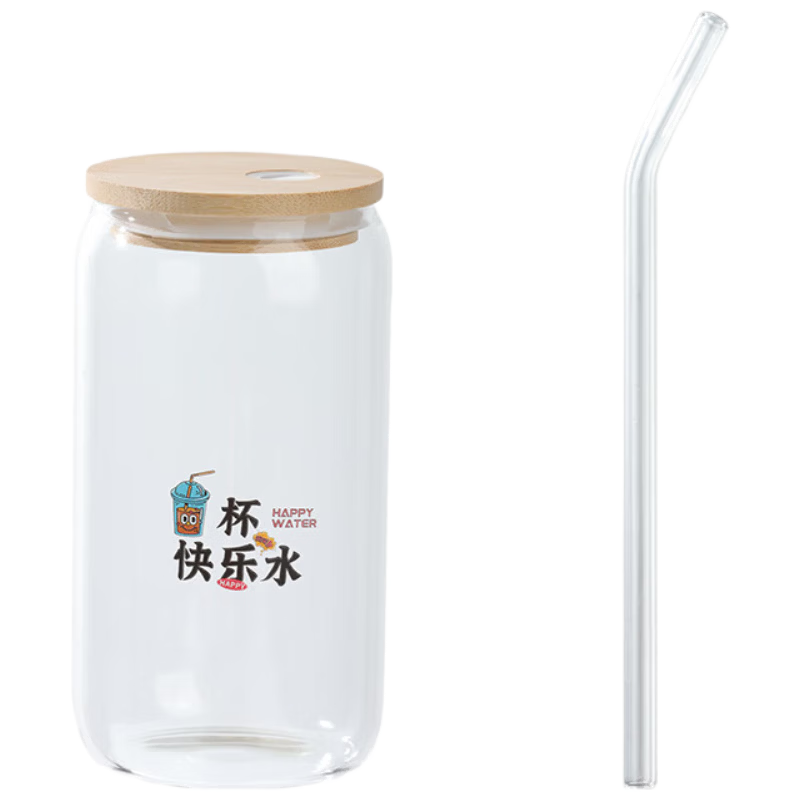 Baijie High Borosilicate Glass Children's Water Cup Cola Cup Milk Tea Coffee Beverage Cup with Lid and Straw 500ML