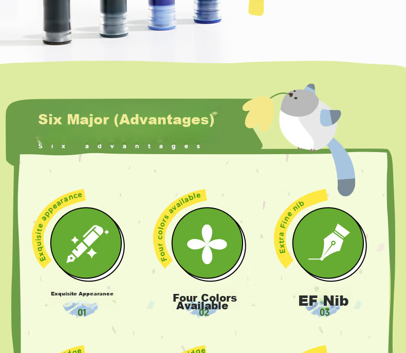 M&G Stationery Little Magpie EF Nib Fountain Pen Set (1 Fountain Pen + 2 Erasable Pure Blue Ink Cartridges, 3.4mm) Student School Writing Pen HAFP1759 Light Green 4