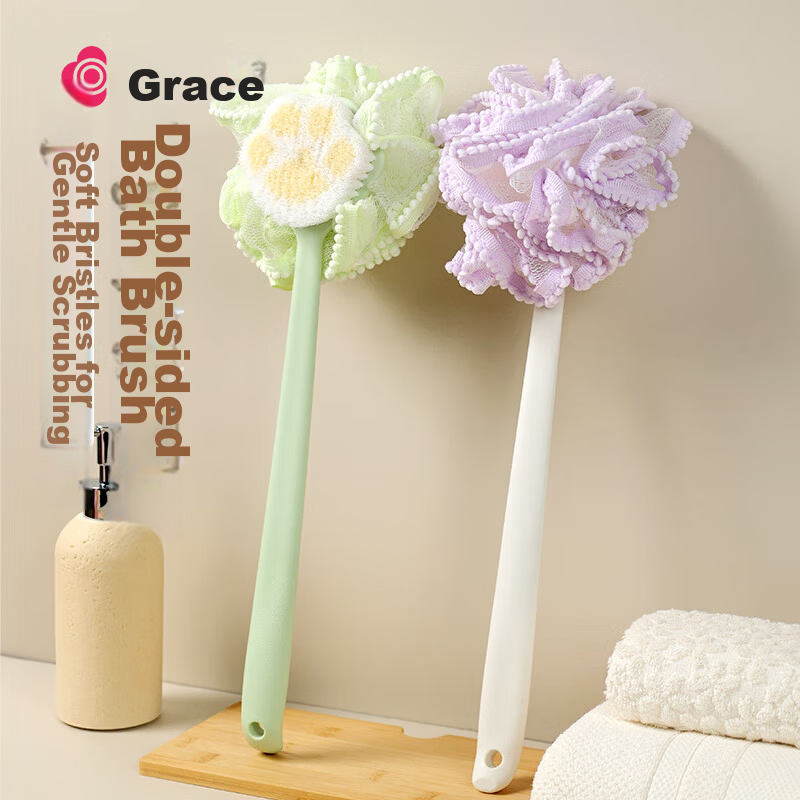 Grace Double-Sided Bath Brush and Bath Ball 2-in-1 Long Handle Back Scrubber Green