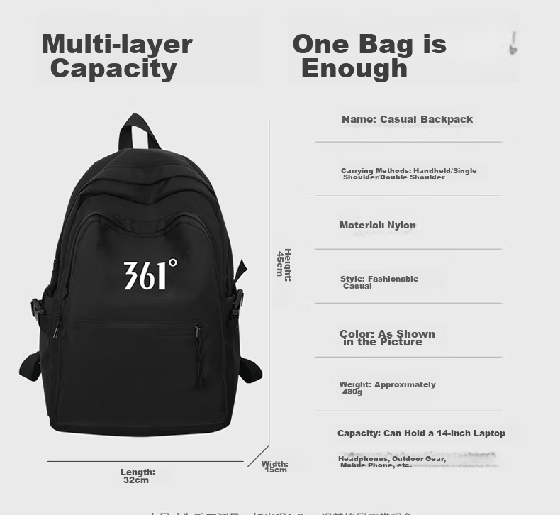 361° Men's Backpack College Student Large Capacity Casual Lightweight Commuter Laptop Bag Classic Black 7