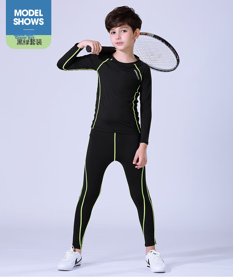 BURUITE Children's Quick-Dry Sportswear Set, Basketball And Soccer Training Fitness Wear, Tight-Fitting Shirt for Boys, Running, Skiing, Badminton Outfit 9