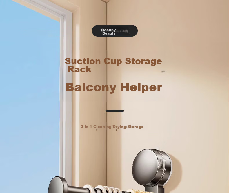 40,000km Suction Cup Balcony Clothes Rack Storage Organizer No Drilling Multifunctional Hook Telescopic Wall-Mounted Clothes Hanger Shelf 1