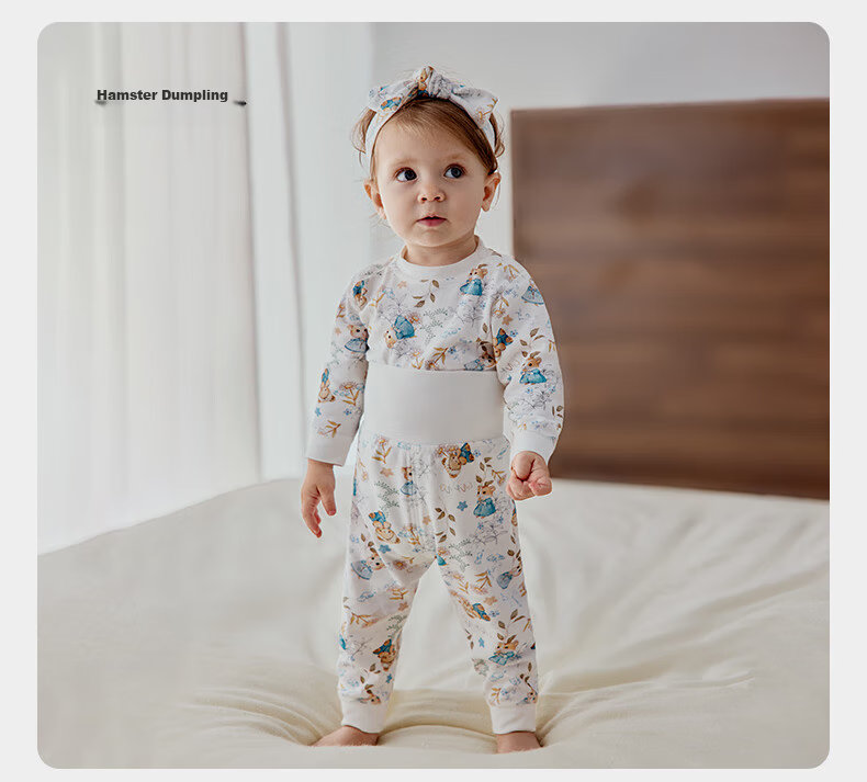 OUYUN Baby And Children's Pajamas, Spring And Autumn, for Boys And Girls, Pure Cotton, High-Waist Belly Protection, Warm Set, Hamster Bun, Size 73 33