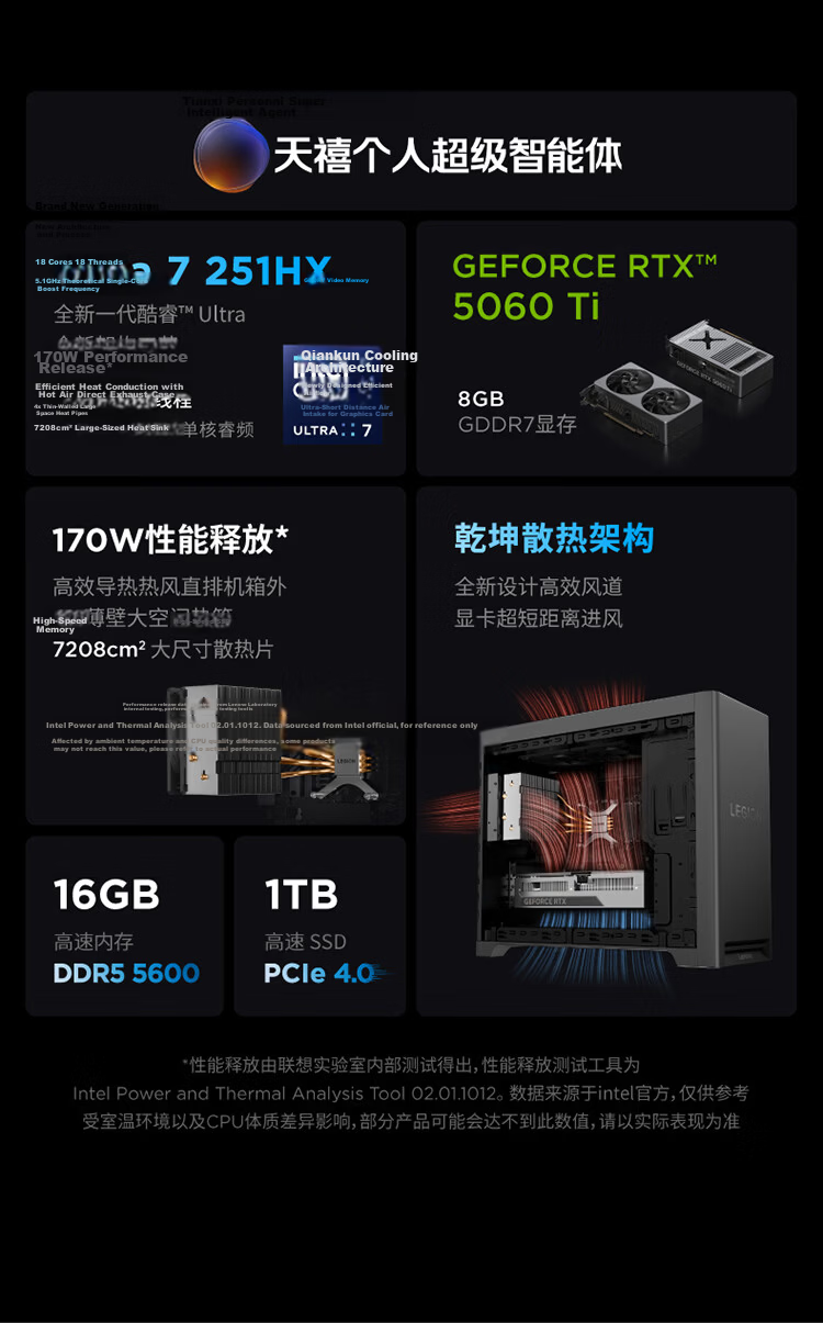 Lenovo Legion Blade 7000K Gaming Desktop PC (U7-251HX RTX 5060 Ti 8GB GPU 16GB DDR5 1TB) 3
