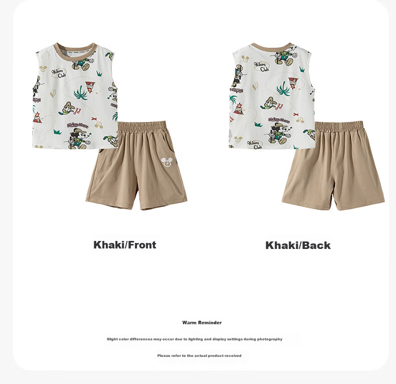 Disney Summer New Boys' Cooling Set Mickey Breathable Vest T-Shirt Casual Shorts Sports Two-Piece Set Khaki 130 19