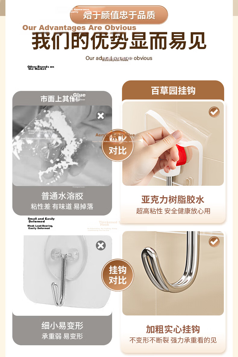 Baicaoyuan Super Strong Adhesive No-Drill Hooks, Powerful Sticky Hooks for Dormitory, Bathroom, Kitchen, Wall-Mounted, Transparent Mushroom Style, 10 Pieces 5